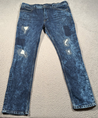 Sean John Jeans Mens 38x30 Mercer Slim Straight Stretch Blue Patched Faded
