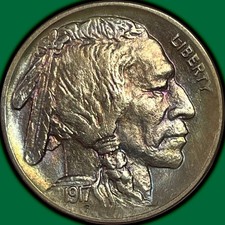Moneda UNC Buffalo Nickel 1917 sin circular, tono arco iris, rasguño #42945