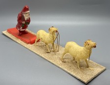 Vintage 4 Irwin Standing Celluloid Santa On Sled With 2 Reindeer On Plank