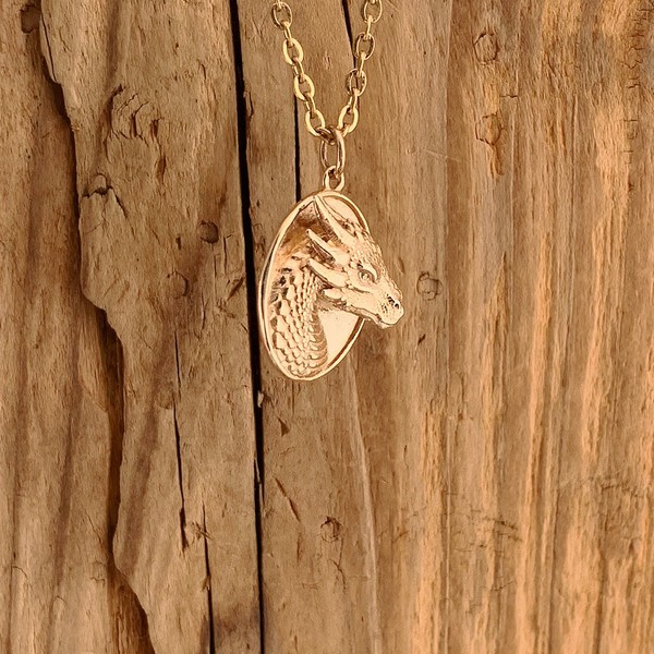 Alternate view of Dragon Head Pendant Gold Plated Oval Dnd Mythological Animal Fantasy Talisman