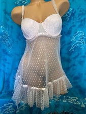 Ambrielle Retro Frilly GirlyPin Up Sheer Pink Polka Dot Nightie Babydoll Gown L