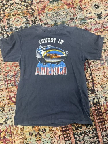Harley Davidson Invest In America T Shirt Lar 1980s vintage concert t-shirt, vintage, size L, single stitch, B+ condition