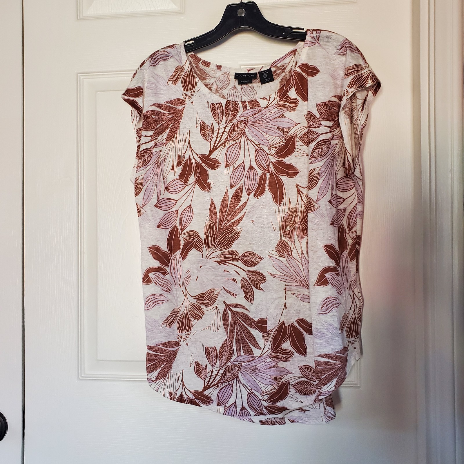 Tahari 100% Linen Floral Leaf Blouse Pullover Cap Sleeves Lightweight Medium