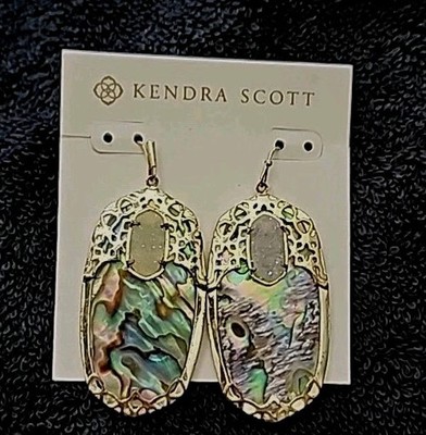 Kendra Scott Deva Statement Earrings Iridescent Drusy Abalone Shell Gold Tone 