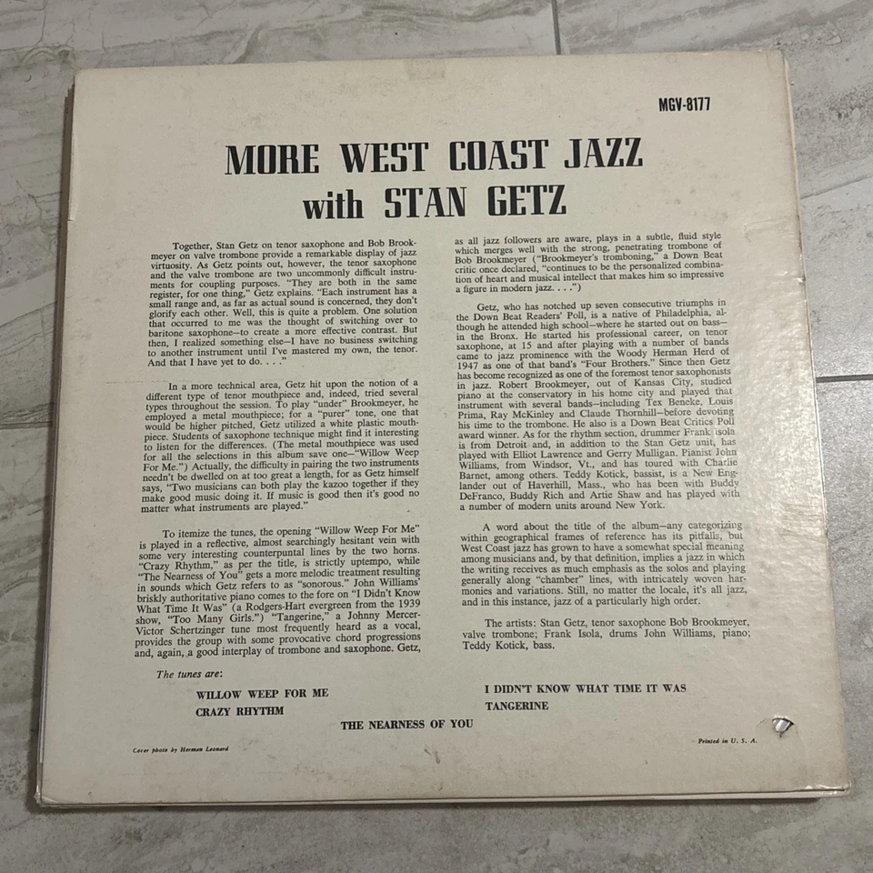 Stan Getz - More West Coast Jazz Lp Vinyl Record 1958 Clef Series VG+ Mono - Image 2 of 4