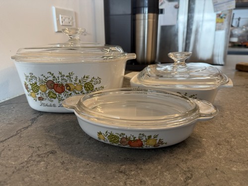 CorningWare 3pc Casserole Dish Set Vegetable Pattern White w/ Glass Lids