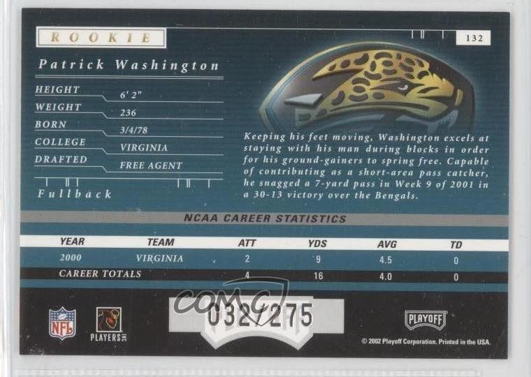 2001 Playoff Preferred National Treasures Silver Patrick Washington Rookie RC - Image 2 of 2