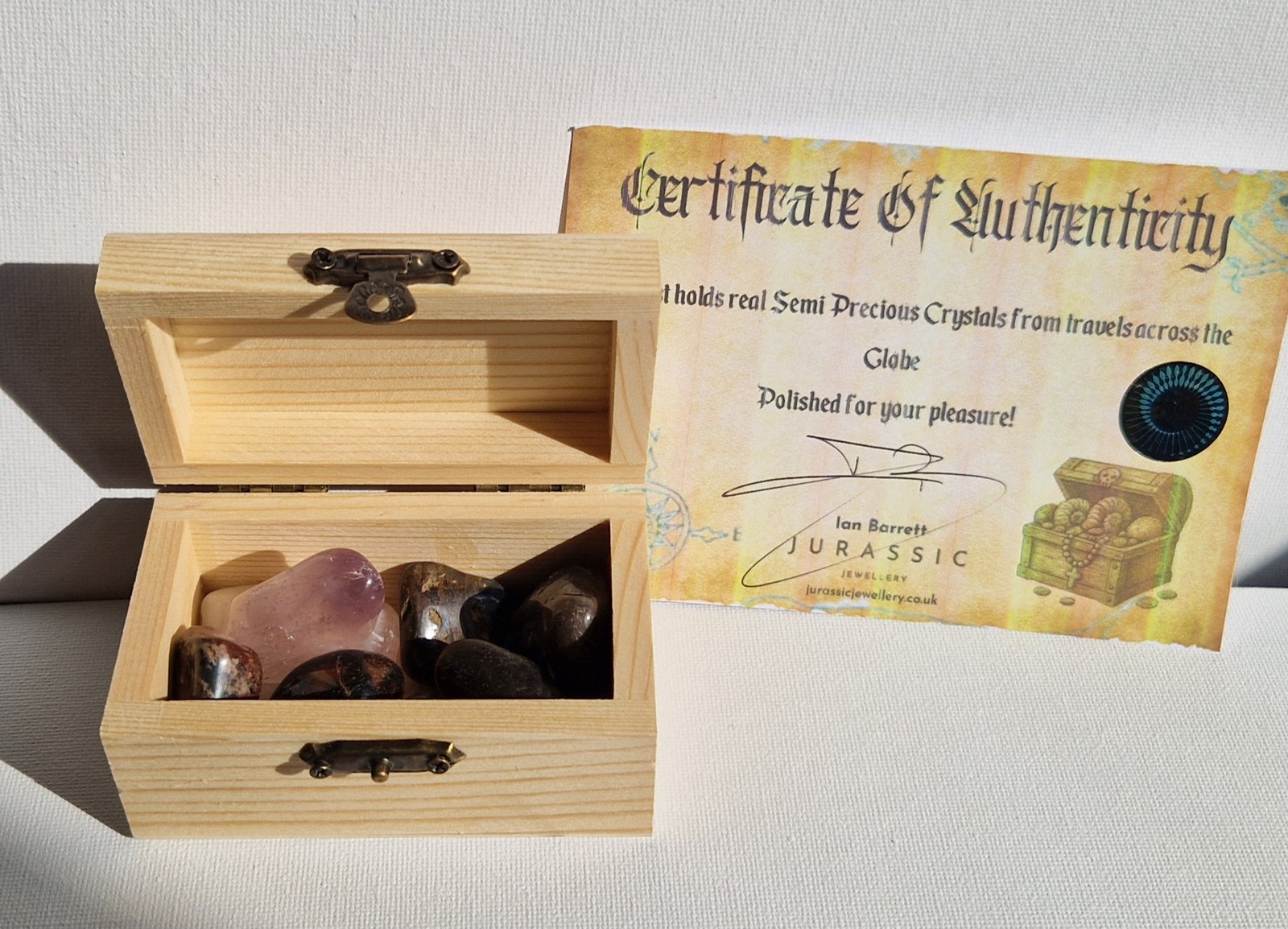 Gemstone Treasure Chest - 10 Polished Gemstones In Wooden Pirate Chest - Great F
