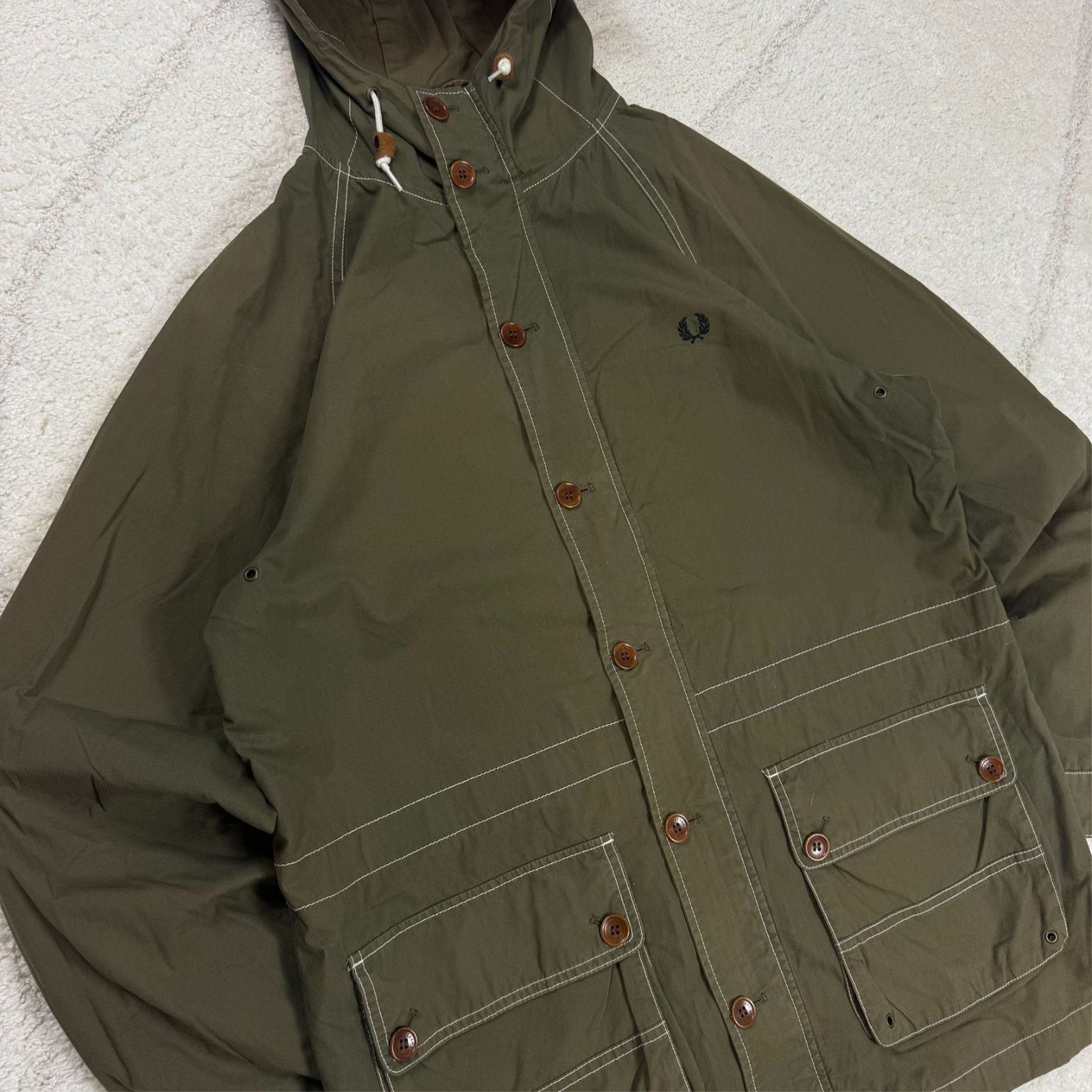 Vintage Fred Perry Khaki Oversized Sz M Tartan Lined Contrast Field Parka Jacket image 2