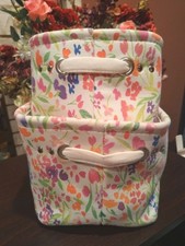 Canvas Tote Storage Bins, Set Of 2, floral print and beige lining, side handles