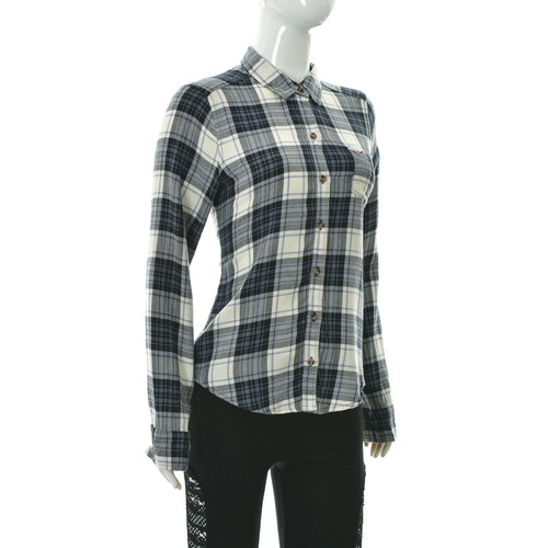 Hollister Women's One Pocket Twill Shirt long Sleeve White-Navy Plaid Size s - Picture 2 of 6