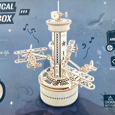 ROKR Wood Mechanical Music Box Model Kit Airplane Tower Plywood 255 Pcs *NIB*