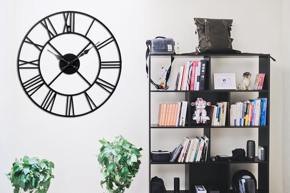 Large Wall Clock Indoor Outdoor Silent Roman Numerals Skeleton Clock Home Garden - Image 4 of 4