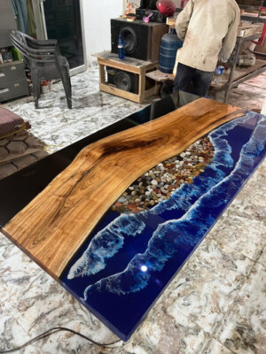 Ocean Epoxy Resin Dining Table Top, Epoxy Wooden Furniture Table Top, Decor