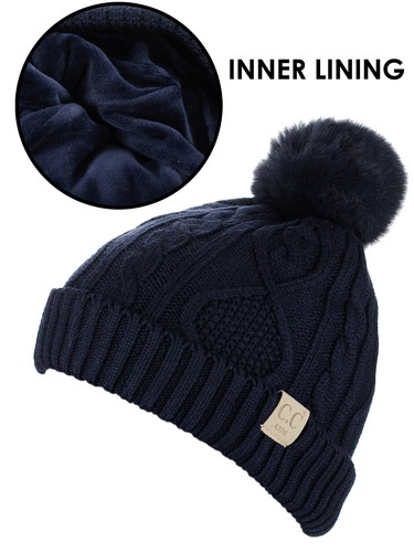C.C Kids' Cable Knit Soft Single or Double Pom Fuzzy Lined Cuff CC Beanie - Picture 74 of 87
