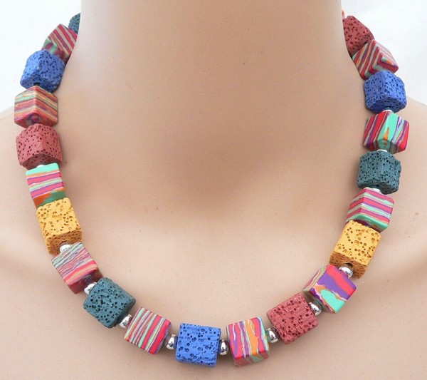 Statement PompöS Halskette WüRfel Lava Malachit Bunt Mehrfarbig Multicolor 366Nn-image