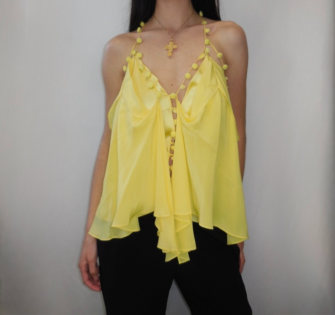 Camicetta top seta nuova Yves Saint Laurent Rive Gauche 42 10 gialla con cinturino pom pom