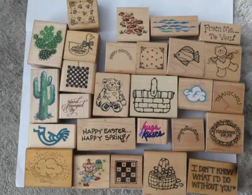  Vintage Wood Mounted Ink Stamps Teddy Bears. Goose, Baskets, Fish +  lot 27