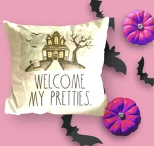 Rae Dunn Halloween Feather Throw Pillow Haunted House “WELCOME MY PRETTIES”