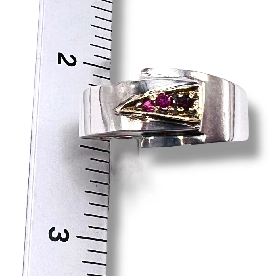 Natural Red Ruby 925 Sterling Silver Two Tone Artisan Band Ring Size 7.75 - Image 3 of 4