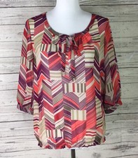 Banana Republic Women Multicolor Sheer Chiffon Elastic Waist Tie Neck Top Size S