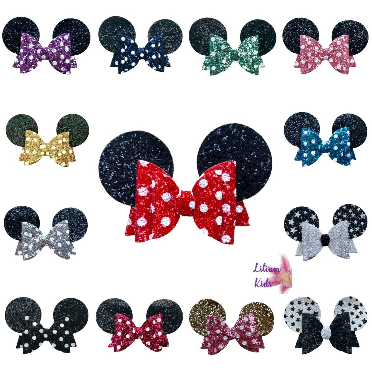 Minnie Mouse Hair Bow Clips - Shiny Glitter Polka Dot Bows For Girls (4.5" Wide, Various Colors)