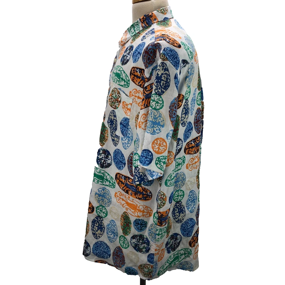 Lands End XL Multicolor Floral Linen Button-Up Short Sleeve Casual Men's Shirt - Image 3 of 4