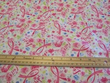 White With Pink Ribbons and Flowers Breast Cancer Awareness Cotton Fabric BTY