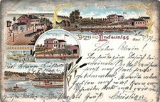 Saluto da Lindauniss Schleibrücke trattoria stazione ferroviaria litografica ...