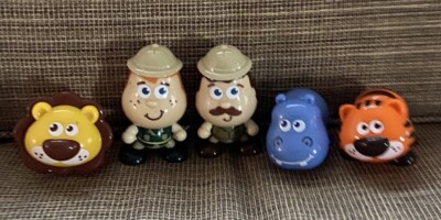 Lot of 5 Vintage Toy Figurines 2.5  Spinning Heads Hippo Lion Tiger Zookeeper
