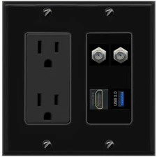 2 COAX HD USB-3 Port Wall Plate Black w Power Outlet