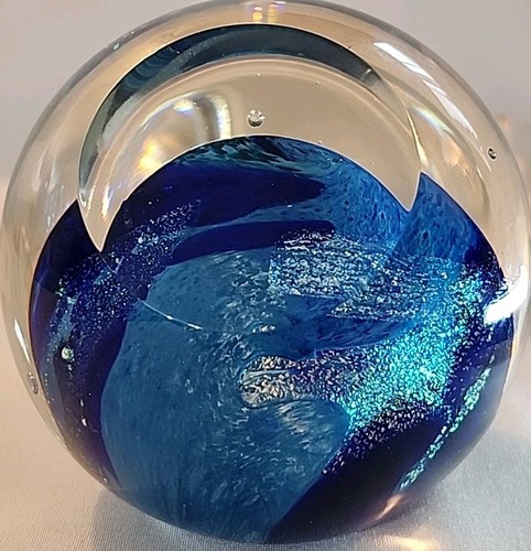 VTG Iridescent Ocean w/Bubbles Swirl Art Glass Paperweight Green Blue 3"T EUC - Picture 4 of 12