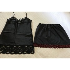VTG 80's Black Satin Lace Trim Sz L Nightgown Lingerie Ashley Taylor Half Slip
