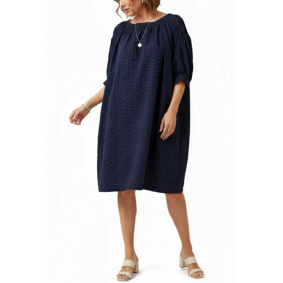 $280 BLACK CRANE Sack Dress, Navy Seersucker, Medium - Image 3 of 4