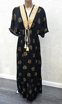 Copperose Paris Maxi Dress M/L 12 14 Black Gold Kaftan Boho Beach Festival Party