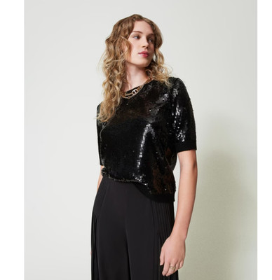 Twinset Black Sequin Embroidered Wool Shirt Top Size M NWT