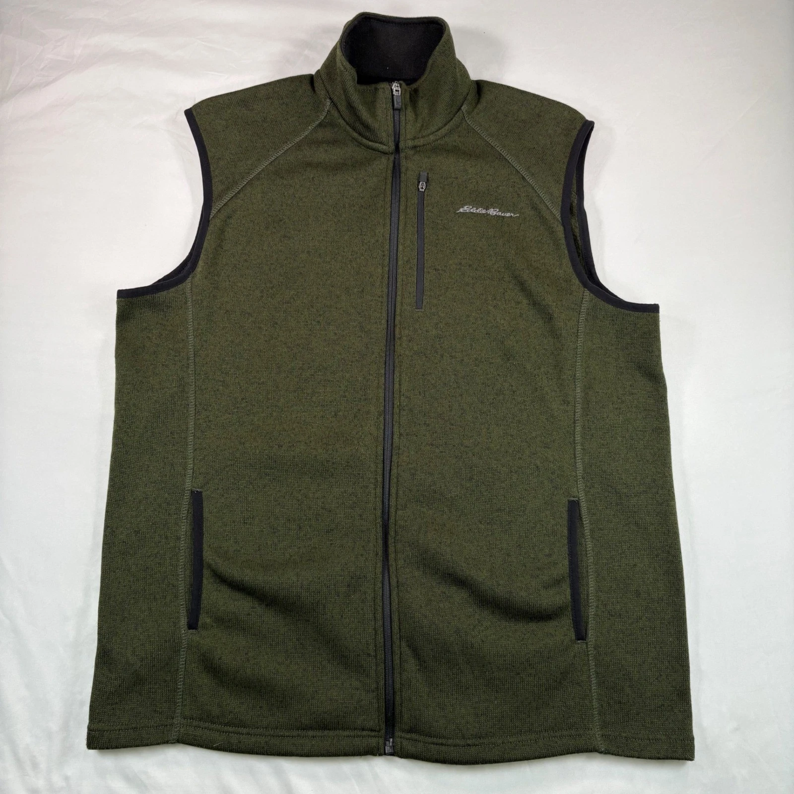 Eddie Bauer Vest Mens L Fleece Full Zip Olive Green Sweater Knit Outdoor Hiking