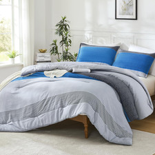 Blue King Size Comforter Set - 3 Pieces Stripe Bed Set Fluffy Lightweight Soft