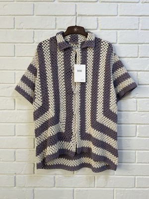 NWT SS23 Bode White And Purple Flagship Crochet Short Sleeve Shirt Size S/M