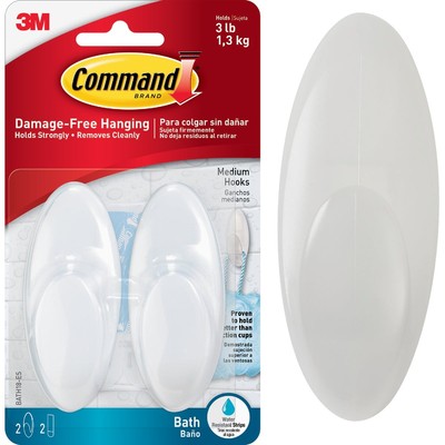 Command Medium Bath Hook, White, 2 Hooks, 2 Strips BATH18-ES Command 3M
