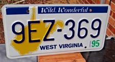 WEST VIRGINIA Outline 1995 License Plate TAG 9EZ-369 ORIGINAL Quality WVA WVU WV