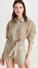 Jonathan Simkhai Aliza poplin-trimmed belted linen utility romper playsuit US 4