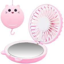 Lucky Cat Portable Necklace Personal Fan and Handheld Make up Mirror Pink