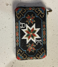 Vintage Beaded Zip Coin Purse Black Multicolor Geometric Star Pattern