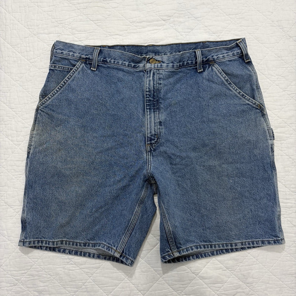 Carhartt Denim Carpenter Shorts Leather Patch JORTS Stone Washed