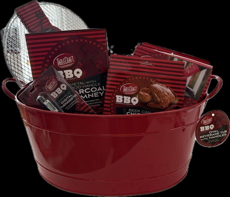 Tablecraft BBQ Gift Basket Set, Red Metal Tub, BBQ Tools, All Occasions