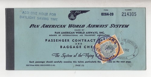 UK US BERMUDA 1952 PAN AM AIRWAYS TICKET WITH KING GEORGE VI 12SH. & 6D.