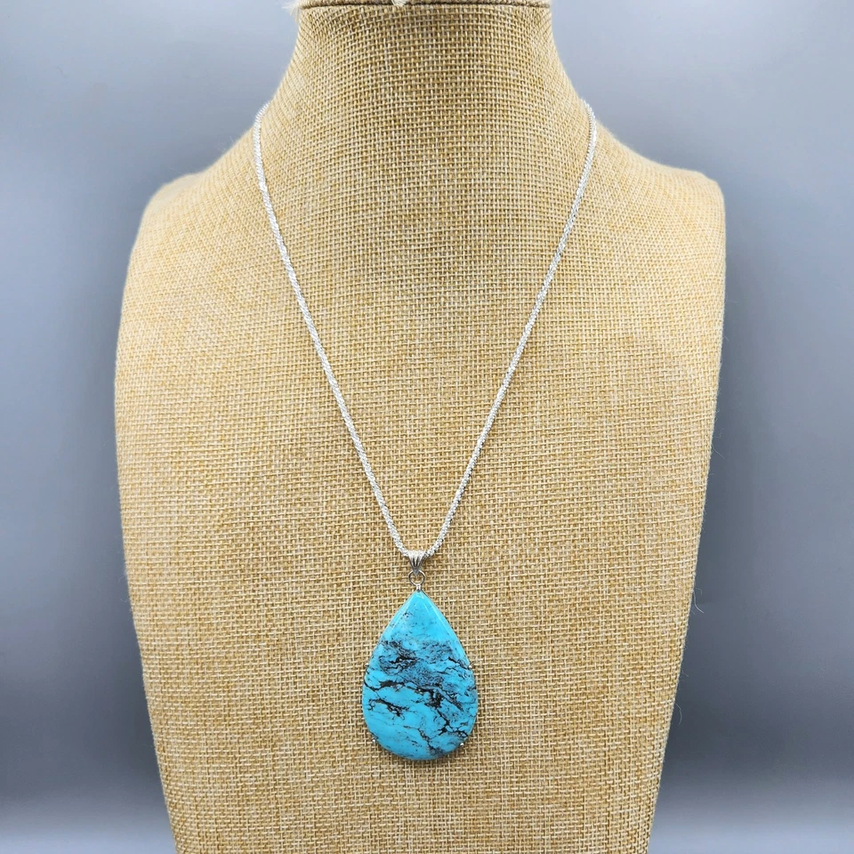 Collar de cadena colgante lágrima turquesa grande de plata de ley 20" 20,8 g Foto 4 de 4