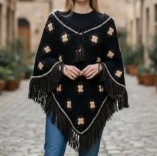 Handmade Granny Square Fringe Crochet Poncho Boho Festival Hippie One Size