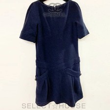 Chanel Tweed Dress Wool Nylon Silk Navy Size 38 Chest 23 in Length 37.4 in